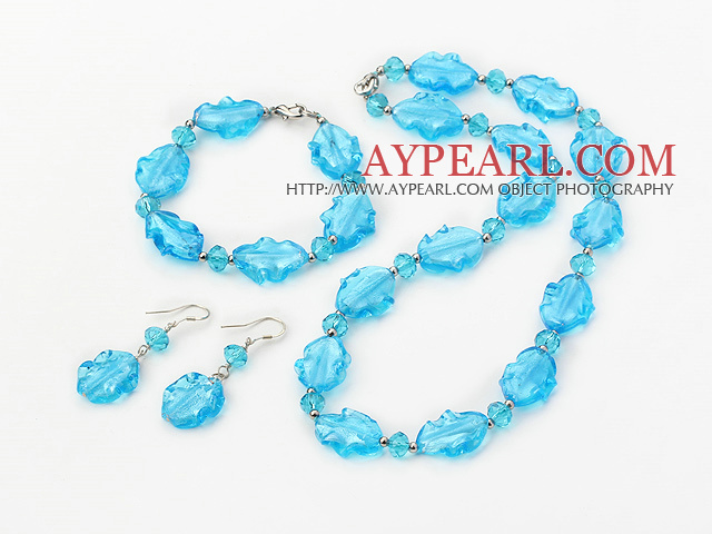 Nice Sky Blue Series Irregular Shape Colored Glaze And Crystal Sets (Necklace Bracelet With Matched Earrings)