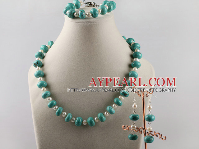 turquoise et blanc perle boucles d'oreille bracelet collier serti