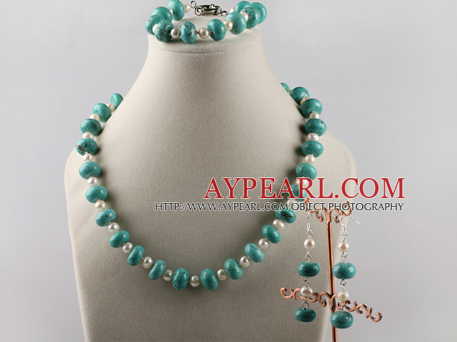 turquoise et blanc perle boucles d'oreille bracelet collier serti