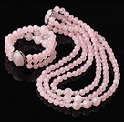 Elegant Design Three Strands Round Rose Quartz Beaded Jewelry Set (Necklace with Matched Bracelet)