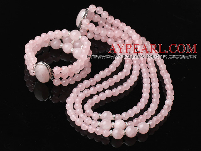 Design élégant trois brins ronde quartz rose bijoux en perles Set (Collier avec bracelet assorti)