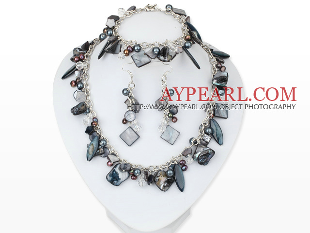 Black Series Assorted Black Pearl Shell Set with Metal Chain ( Necklace Bracelet and Matched Earrings )