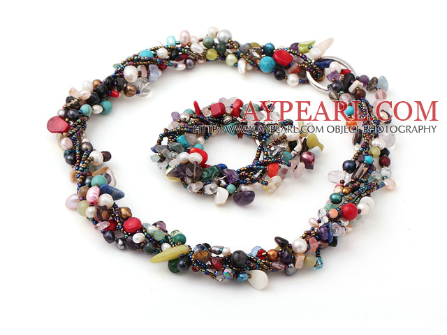 multi strand colorful stone necklace bracelet set 