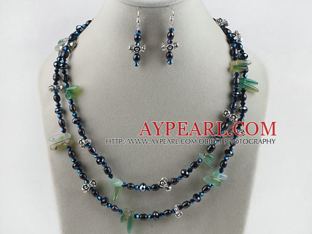 perle noire cristal bleu et boucles d'oreilles en agate collier de jeu