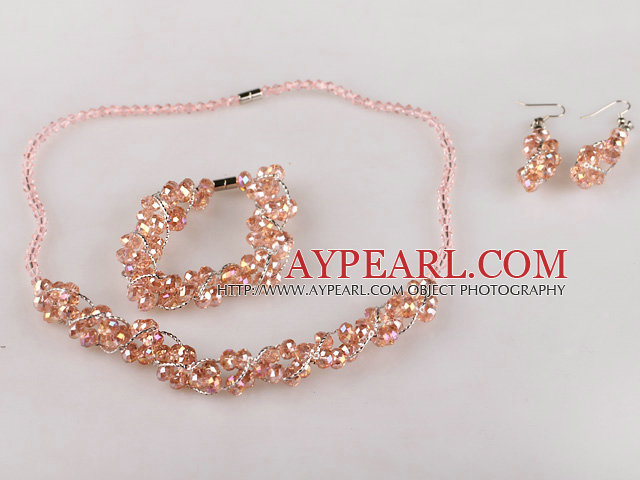 pink Czech crystal necklace bracelet earrings set 