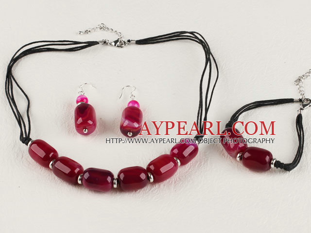 fredlig rosa och röd agat pärlstav halsband armband örhängen som