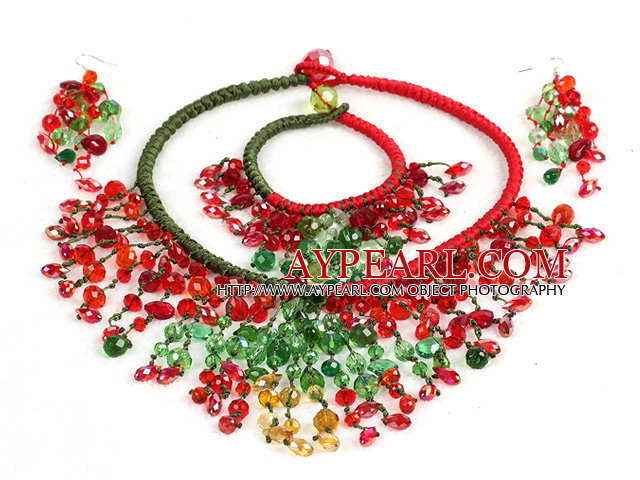 2015 Lyxig Shining Red & Green Crystal Statement jul Smycken Set (Halsband, armband & örhängen)