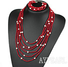 Multi Strand White Freshwater Pearl And Red Coral Set(Necklace With Matched Bracelet)