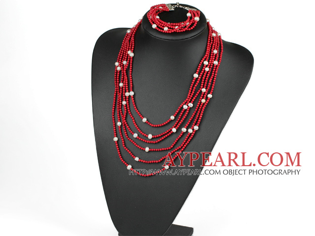 Multi Strand White Freshwater Pearl And Red Coral Set(Necklace With Matched Bracelet)