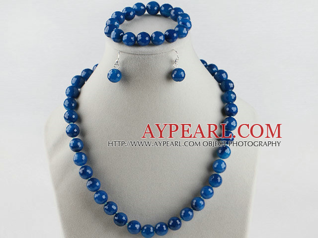 12 faceted blue agate ball necklace bracelet and earrings set