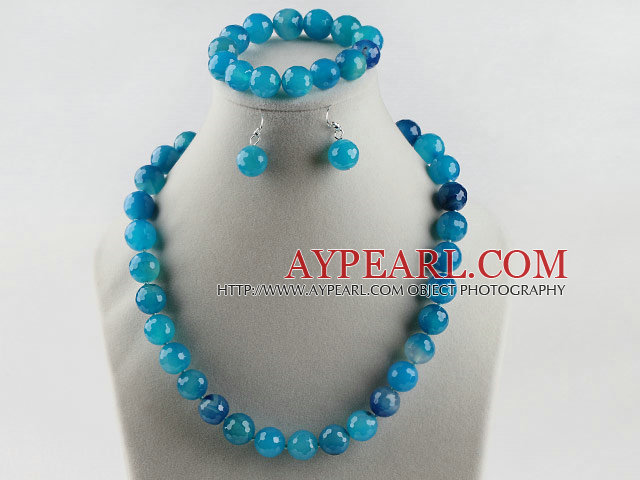 14mm faceted blue agate ball necklace bracelet and earrings set