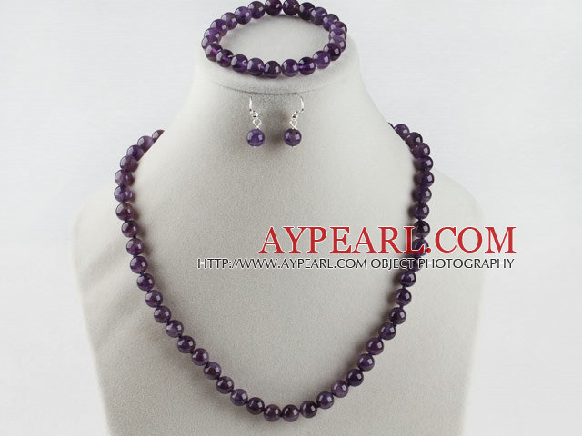 8mm natürliche Amethyst Kugel Halskette und Ohrringe Set