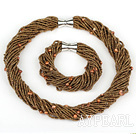 multi brun fils de verre perles bracelet collier de perles avec fermoir magnétique ensemble