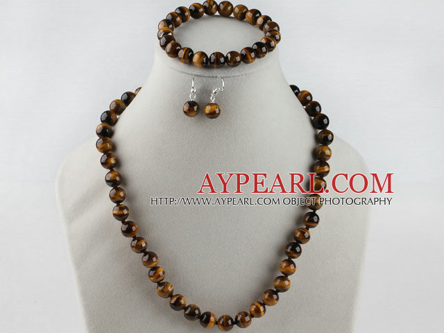 10mm round tiger eye necklace bracelet and earrings set