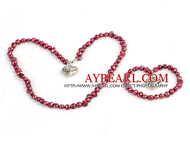 Classic Simple Design Potato Shape Purple Red Pearl Necklace & armbånd satt med hjertet sjarm