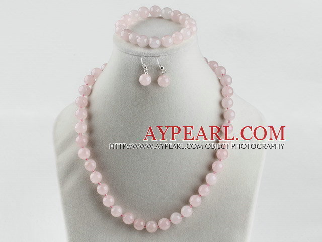 10mm faceted rose quartze beaded necklace bracelet earrings set