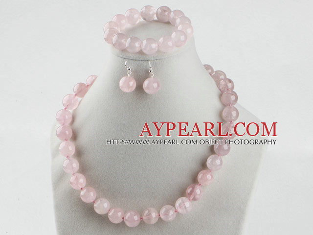 14mm rose quartze ball necklace bracelet earrings set