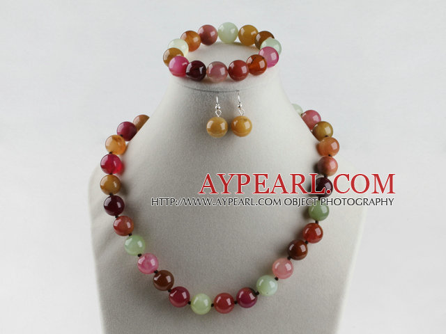 14mm de trois couleurs de jade collier bracelet boucles d'oreilles à boule