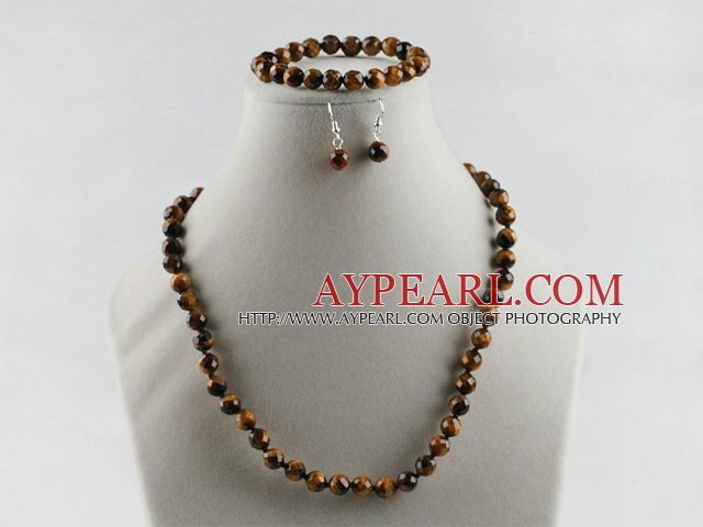 8mm faceted tiger eye ball necklace bracelet earrings set