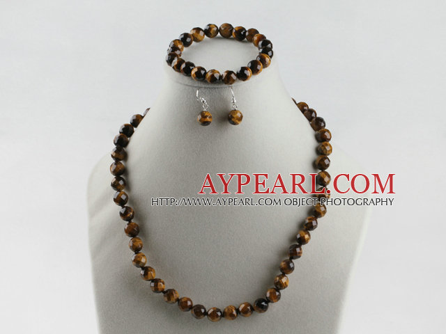 10mm faceted tiger eye ball necklace bracelet earrings set