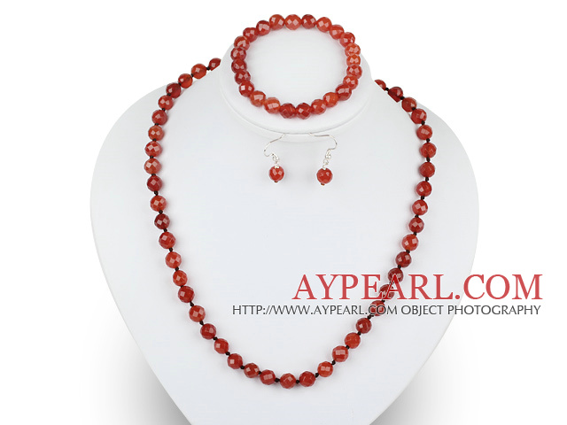 8mm faceted red agate ball necklace bracelet earrings set