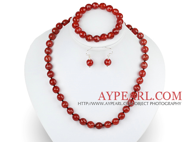 10mm faceted red agate ball necklace bracelet earrings set