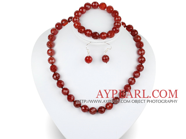 12mm faceted red agate ball necklace bracelet earrings set