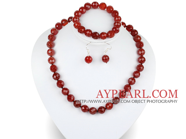 12mm à facettes rouge agate collier bracelet boucles d'oreilles à boule