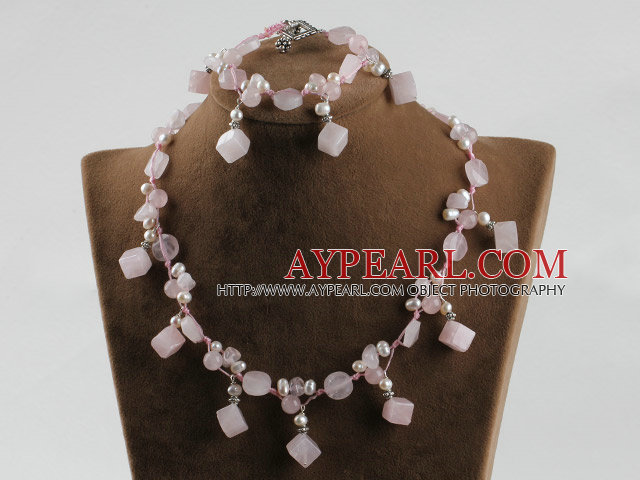 rose quartze and white pearl necklace bracelet set