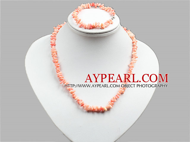 Special Design Popular Pink Coral Chips Jewelry Set (Necklace And Bracelet)