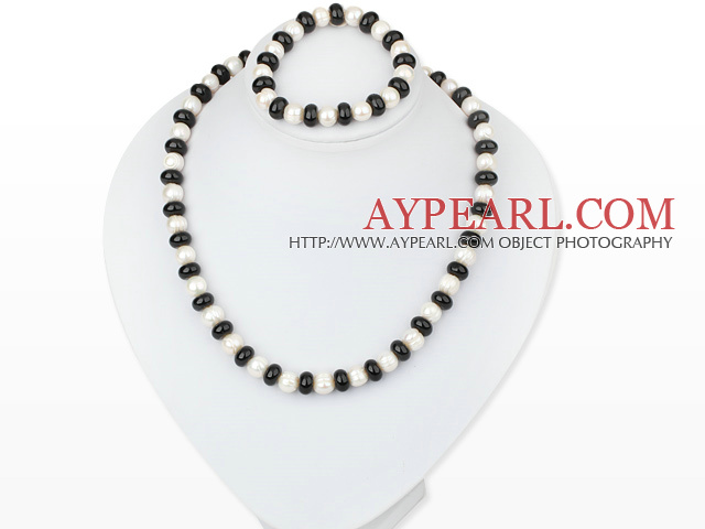 white fresh water pearl black agate necklace bracelet set 