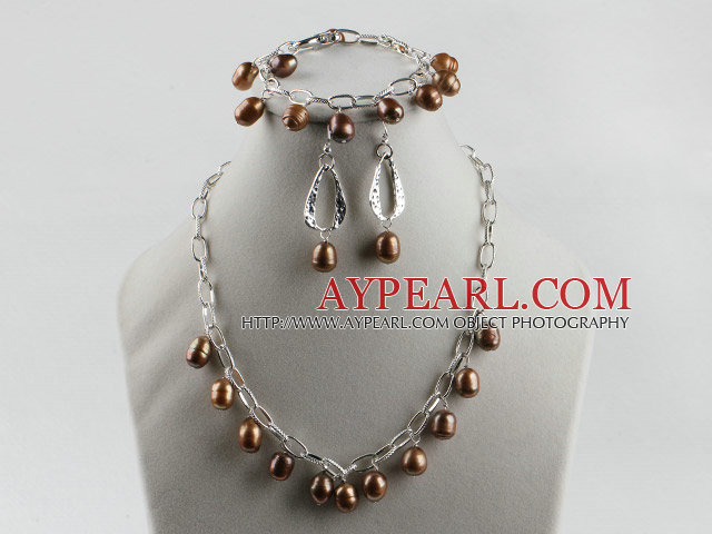9-10mm braun barocken Form Perlenkette Armband Ohrringe Set