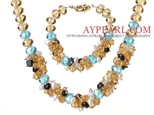 Summer Beautiful Cluster Style Multi Color Crystal Jewelry Set (Necklace with Matched Bracelet)