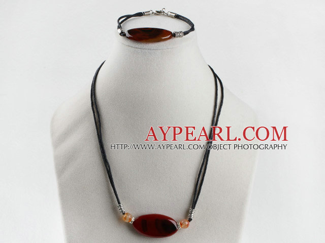 Simple Style Red Oval Agate Black Threaded Sets (Necklace With Matched Bracelet)