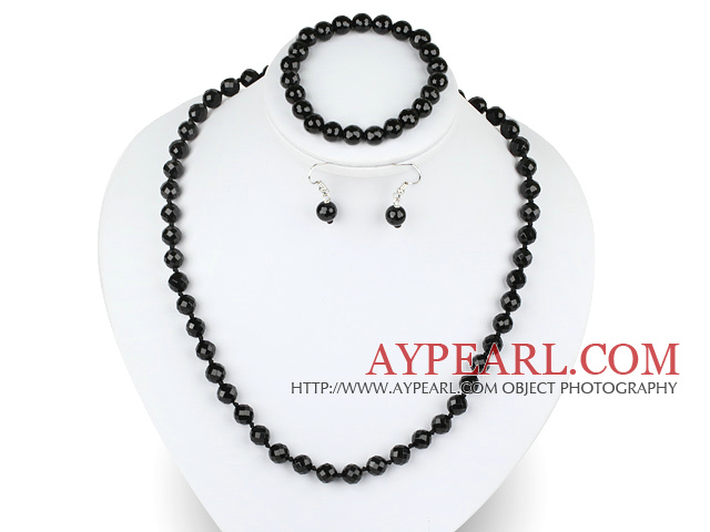 8mm faceted black agate ball necklace bracelet earrings set
