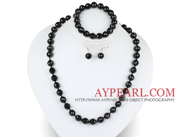 10mm faceted black agate ball necklace bracelet earrings set