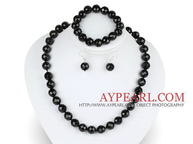 12mm faceted black agate ball necklace bracelet earrings set