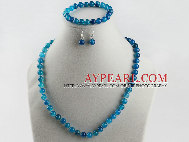 8mm blue agate ball necklace bracelet earrings set