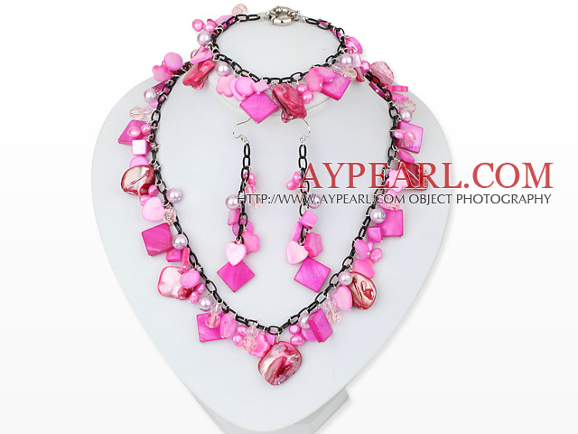 Hot Pink Series Assorted Hot Pink Pearl Shell Set with Metal Chain ( Necklace Bracelet and Matched Earrings )