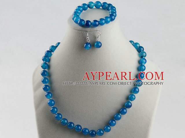 10mm bleu agate collier bracelet boucles d'oreilles à boule