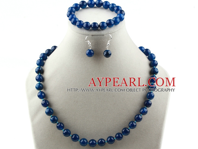 10mm facettiert blau Achatkugel Halskette Armband Ohrringe Set