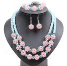 Popular Trendy Style Pink And Blue Crystal Beads Jewelry Set (Necklace With Matched Bracelet And Earrings)