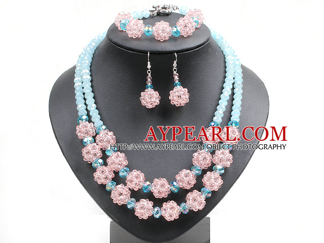 Δημοφιλή μοντέρνο στυλ ροζ και μπλε χάντρες κοσμήματα κρυστάλλινα σετ (κολιέ με συμφωνημένα βραχιόλι και σκουλαρίκια)
