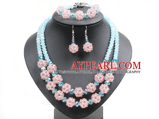 Beliebte Trendy Art-rosa und blaue Kristall-Perlen Schmuck-Set (Halskette mit passenden Armband und Ohrringe)