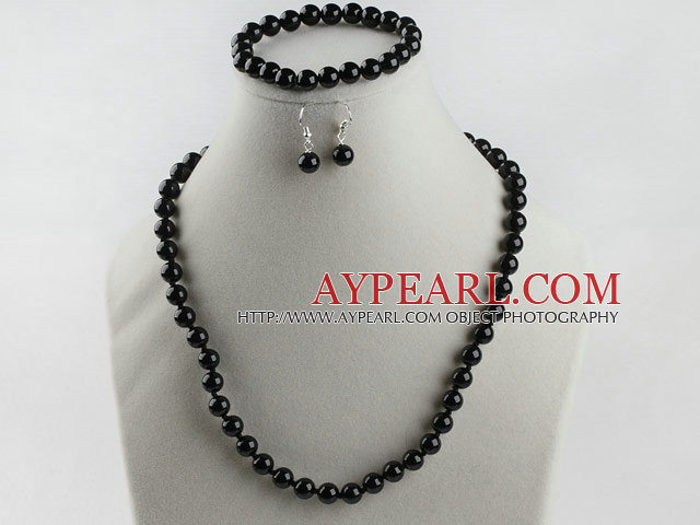 8mm black agate ball necklace bracelet earrings set