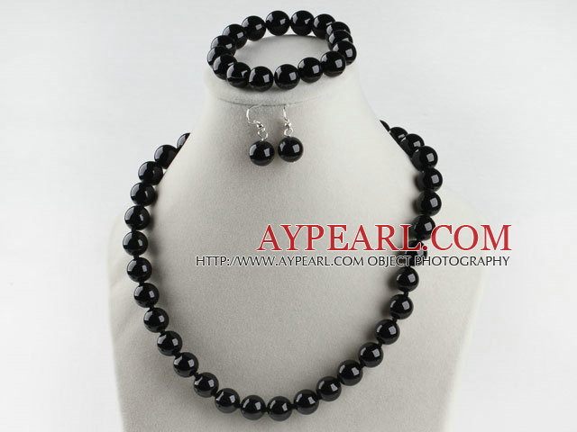 12mm black agate ball necklace bracelet earrings set