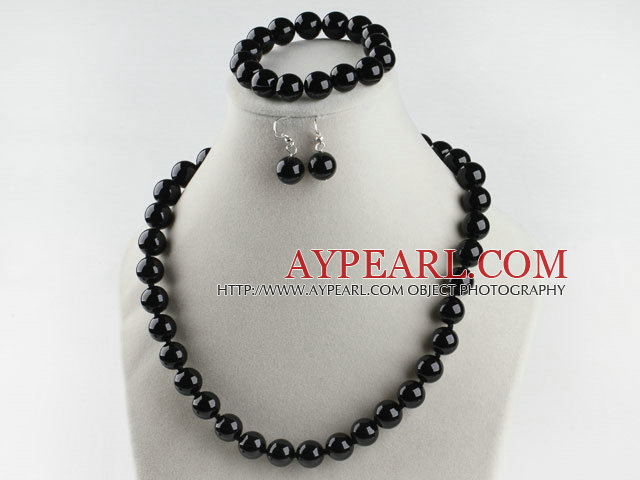 12mm noir agate collier bracelet boucles d'oreilles à boule