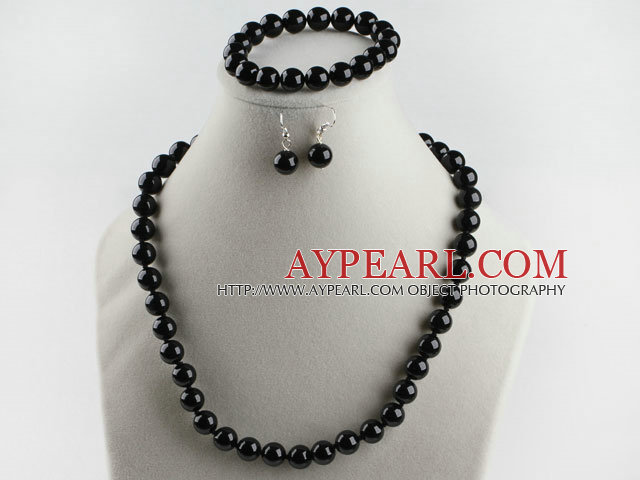 10mm black agate ball necklace bracelet earrings set