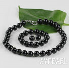 14mm noir agate collier bracelet boucles d'oreilles à boule