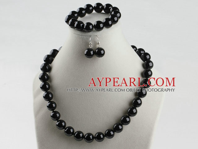 14mm noir agate collier bracelet boucles d'oreilles à boule